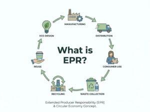 แผนภาพอธิบายหลักการ EPR หรือ Extended Producer Responsibility แสดงวงจรชีวิตบรรจุภัณฑ์ตั้งแต่การออกแบบ การผลิต การใช้งาน จนถึงการรีไซเคิล